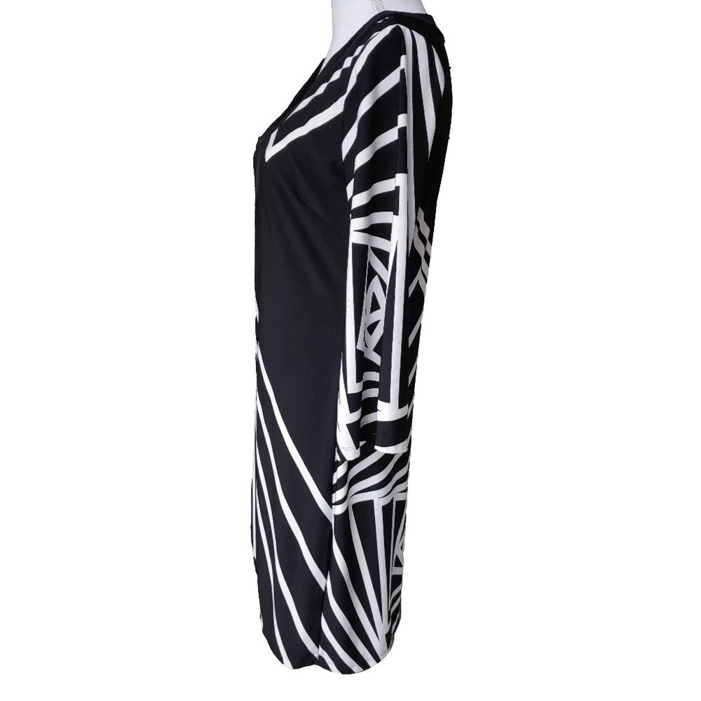 Forever Black White Geometric Minimalist Tunic Sheath Midi Dress - Picture 3 of 7